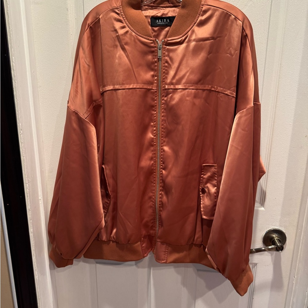 AKIRA Brown Bomber Jacket with Stand-Up Collar and Ribbed Cuffs